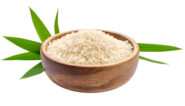 A wooden bowl overflows with white grains, framed by green leaves. The elements sit on a transparent background, showcasing simplicity