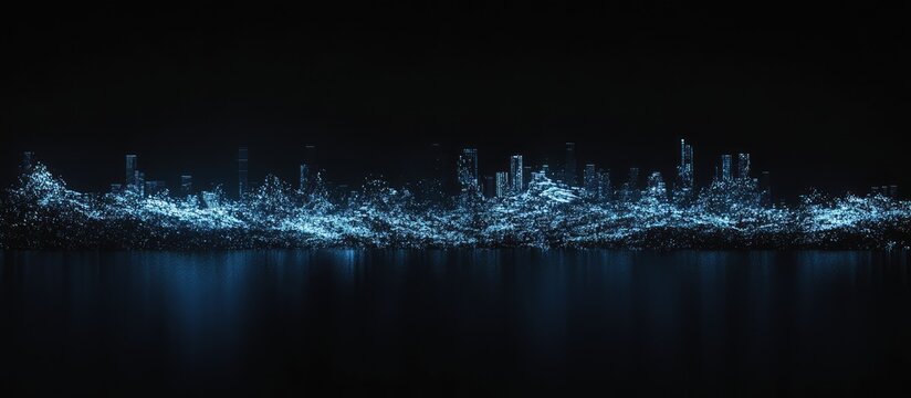 A digital city skyline, glowing in blue against a black background