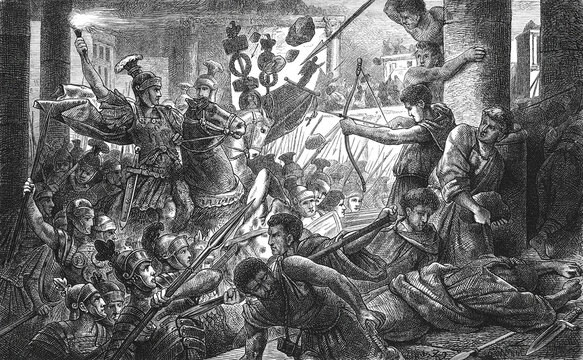 Lucius Cornelius Sulla leading legionaries in combat against Roman citizens during his first march on Rome, old vintage illustration, 1880