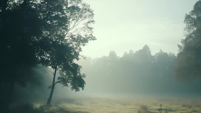 Atmospheric landscape featuring dense mist covering a tranquil grassy field, softly illuminated by diffusing light with dark silhouetted trees bordering the foggy expanse