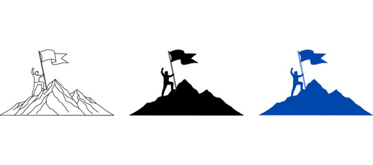 Fototapeta premium Blue Silhouette of Successful Man Planting Victory Flag on Mountain Peak at Sunset - Concept of Achievement and Business Growth