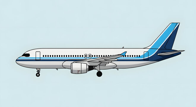 Modern commercial airplane in flight with blue accents