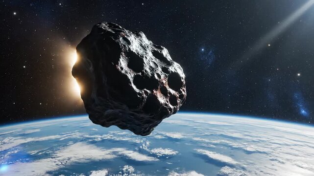 A giant pockmarked asteroid slowly tracks across the orbit of a blue planet, illuminated by a distant sun flare as it glides through the dark void. A cinematic vision of eternal cosmic mystery.