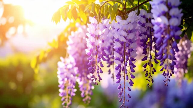 Cascading purple wisteria flowers bloom in bright golden sunlight in a garden setting