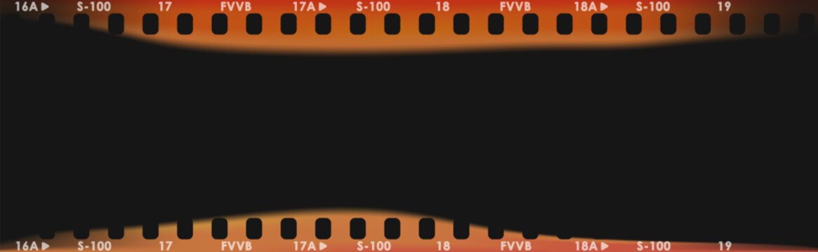 Vintage 35mm film strip border with light leak burns. Vector analog film frame overlay for retro photo effect and cinema aesthetic. Nostalgic burnt movie texture isolated on black background.
