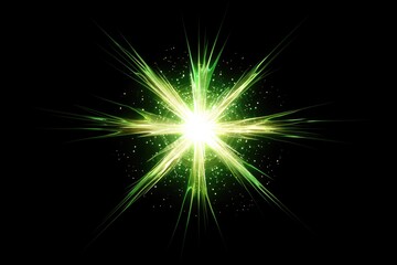 Obraz premium A lens flare with a glowing star on a black background, with green and yellow light rays.
