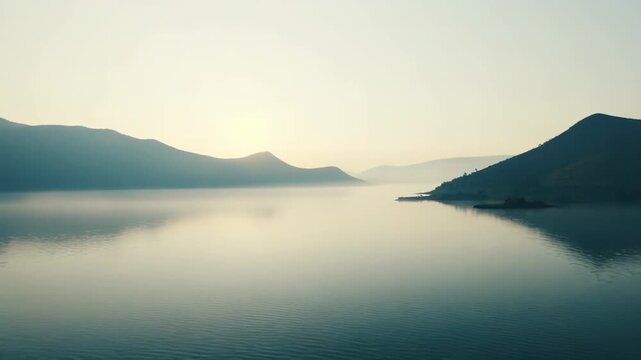 Calm lake water creating a mirror effect with distant mountains and a hazy sky during an early morning sunrise, invoking feelings of peace, serenity, and quiet nature