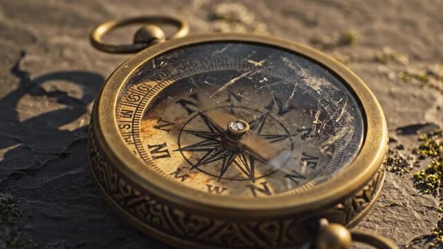 A weathered compass resting on a textured stone surface, illuminated by warm sunlight