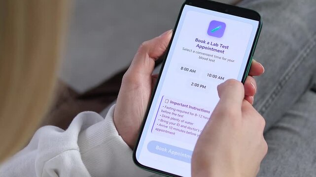 Modern lifestyle concept showing a woman comfortably sitting at home and using a healthcare application to book a laboratory visit. Finger tapping on the screen to choose an appointment time and