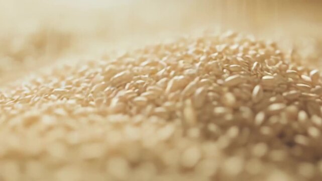 Golden cereal grains piled in a textured close up, evoking harvest, rustic abundance and natural ingredients with warm light highlighting organic golden brown kernels and texture