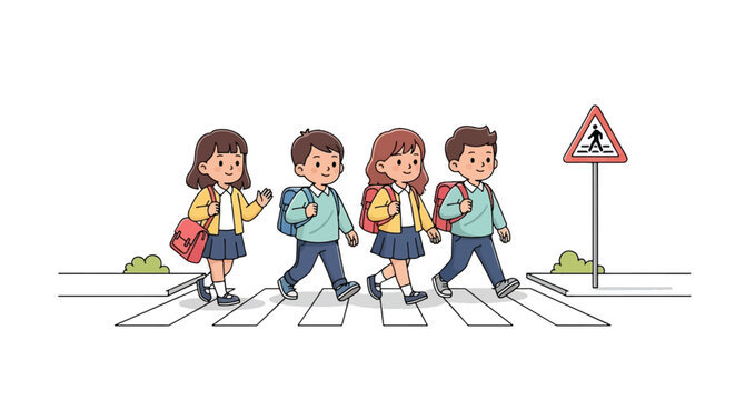 School Children Crossing Zebra Cross Safely Isolated on White Background