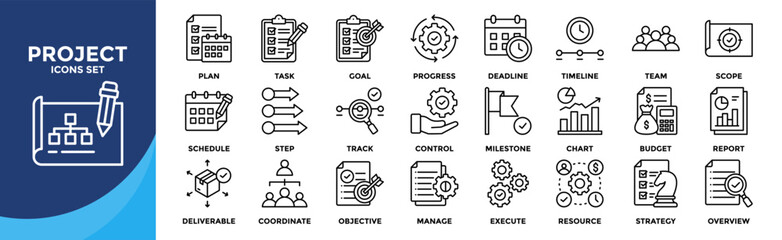 Project icon set collection. an icon pack contain plan,task,goal,timeline,team,deadline,scope