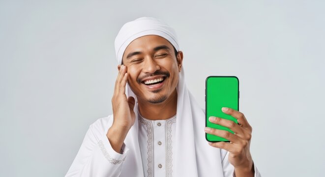 Happy Muslim Man in Traditional Clothing Holding a Green Screen Smartphone
