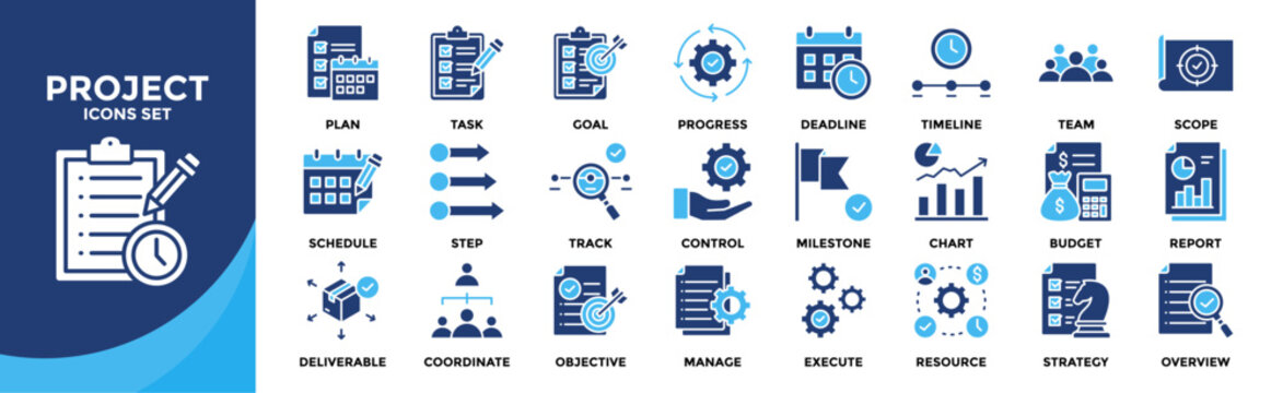 Project icon set collection. an icon pack contain plan, task, goal, timeline, team, deadline, scope