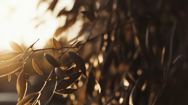 Olive tree branches with green leaves are seen catching the warm, golden light of the setting or rising sun, creating a soft, glowing outline and a peaceful natural background