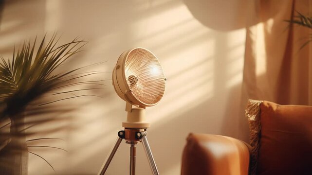 Floor lamp on a tripod stand casting a warm glow, creating inviting light and shadow patterns across a minimal living space with a palm plant and comfortable sofa