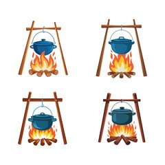 Campfire cooking pot hanging on wooden stand flat vector illustration isolated on white