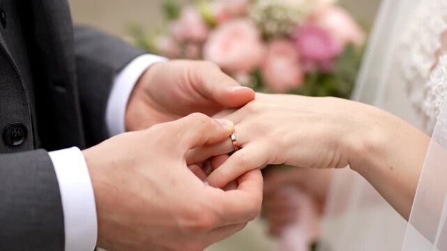 Close up of a man placing a wedding ring on his bride's finger during a romantic marriage ceremony, symbolizing love and commitment