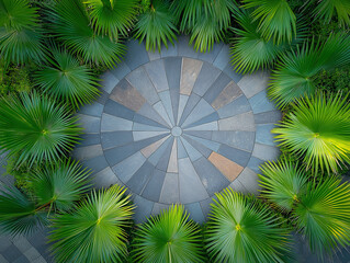 Palm branches forming a perfect radial design on a rustic stone floor