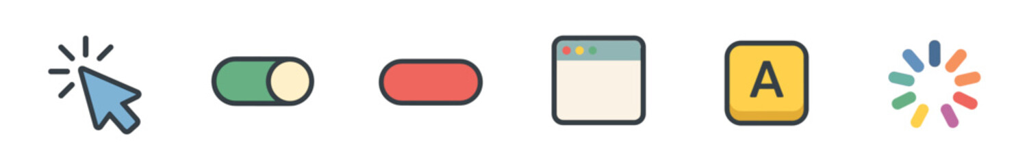 Minimalist interface icons including cursor, toggle, and browser window.