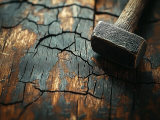 A close-up of a worn hammer on an old, cracked wooden tabletop