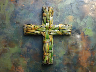 A woven palm frond cross arranged on a stone surface with natural texture