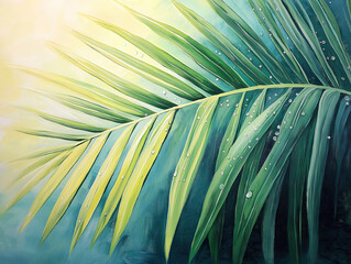 Close-up of a palm leaf with delicate water droplets, reflecting nature&rsquo;s purity