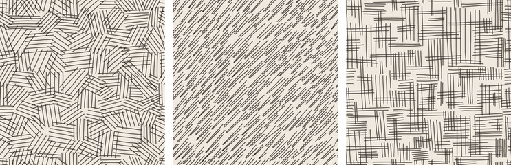 Crosshatch texture seamless pattern set. Hand drawn pencil line, warm chocolate color and rain lines hatch. Vector pattern collection.