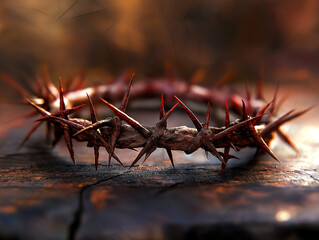 Crown of thorns resting on an old, cracked wooden surface