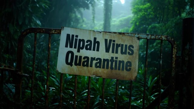 Nipah virus quarantine sign on metal gate in tropical forest, restricted zone due to zoonotic outbreak, high-risk containment area in endemic region during viral surveillance
