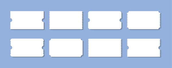 White Ticket Mockup Set with Ruffled Edges and Soft Shadows, Blank Concert, Movie, Theater and Event Ticket Templates Vector Illustration