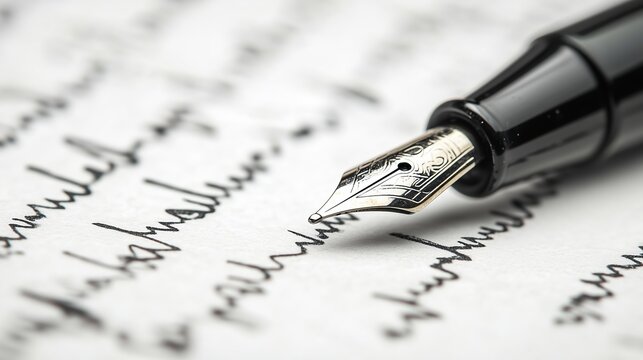 Fountain pen nib on handwritten paper. Macro close-up of black ink cursive text, shallow depth of field, classic writing tool, business and education concept.
