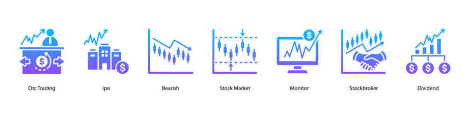 Market Monitoring web banner icon vector illustration featuring OTC Trading, IPO, Bearish, Stock Market, Monitor, Stockbroker, and Dividend.