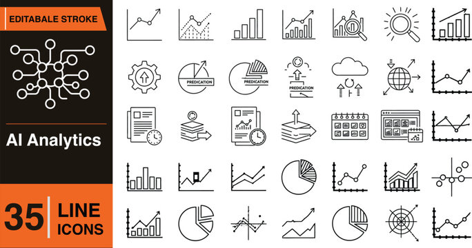 Ai analytics line icons set for data visualization and business intelligence