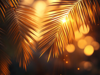 Soft golden hour light shining on palm branches, creating a peaceful, hopeful mood