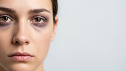 Young caucasian female with tired expression and dark circles highlighting exhaustion and fatigue