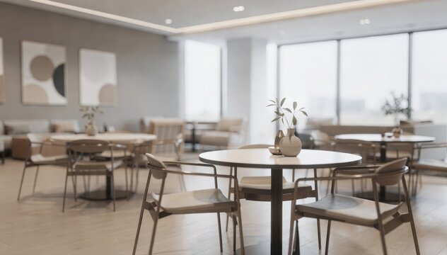 Modern visitor lounge with sleek cafestyle tables and chairs in focus softly blurring the surrounding minimalist interior for a calm atmosphere.