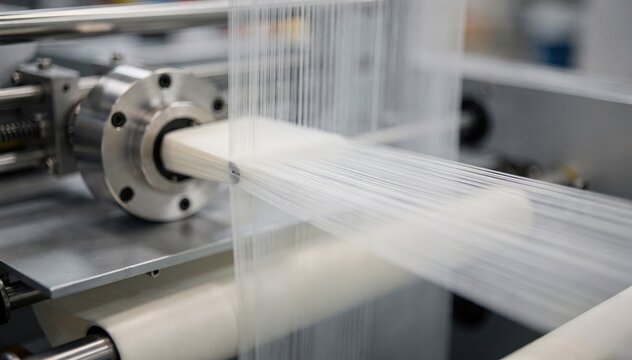 Medium shot capturing matte finish nylon threads being extruded in hightech filament production highlighting soft muted colors and fine thread consistency.