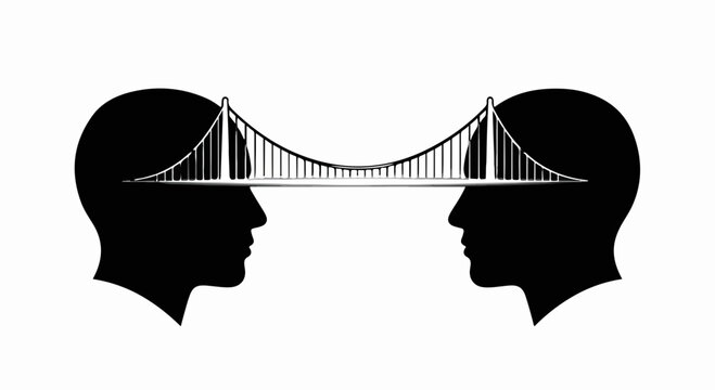Bridge connecting two human heads symbolizes communication and shared understanding.