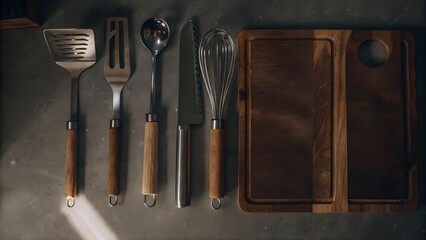 Rustic Kitchen Utensils and Wooden Boards Flat Lay
