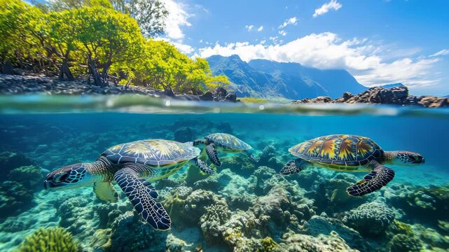 A split-level view revealing a tropical underwater scene with sea turtles and a lush, mountainous coastline