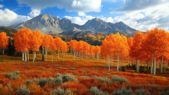 A vibrant autumn mountain scene with orange trees and red grass under a partly cloudy sky