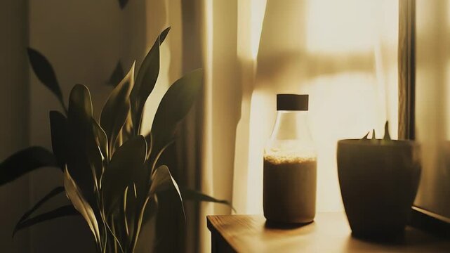 Houseplant and a sealed bottle with an oat like beverage resting on a wooden surface, with soft morning light filtering through a window creating a cozy and serene domestic atmosphere