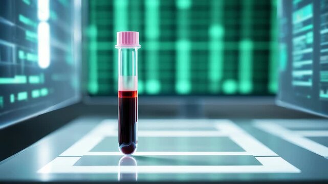 Blood test tube standing upright in high-tech lab environment with digital interface background, symbolizing virus detection, advanced diagnostics, medical research, biosafety and healthcare innovatio