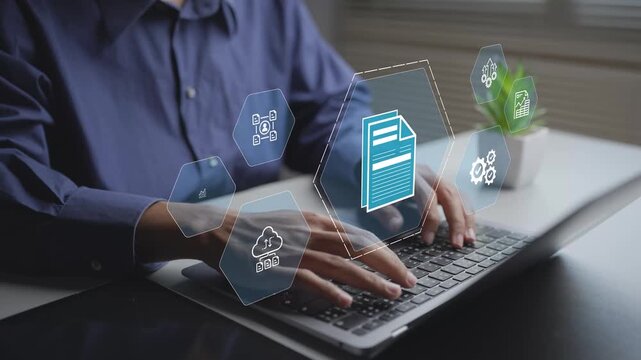 Digital ERP system with virtual icons for finance, inventory and analytics. Business professional controlling workflows, data integration and performance via an online platform.