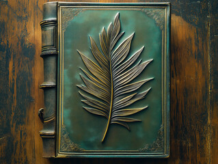 Palm frond design embossed on a classic leather book, symbolizing sacred wisdom