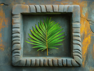 An ancient stone carving with a palm leaf, representing cultural heritage