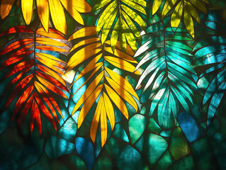 Stained glass adorned with layered palm leaf shadows, adding depth and texture