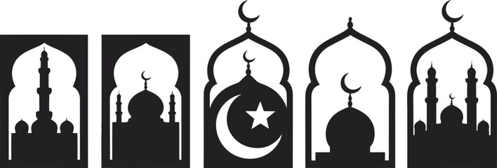 A collection of five different black mosque silhouettes for ramadan and eid celebrations
