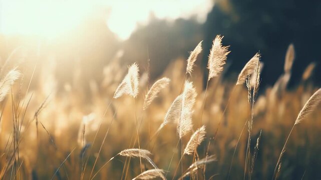 Warm sunlight filtering through the feathery tops of dried grass creates a peaceful natural scene, representing concepts of peace, growth, and tranquility in nature